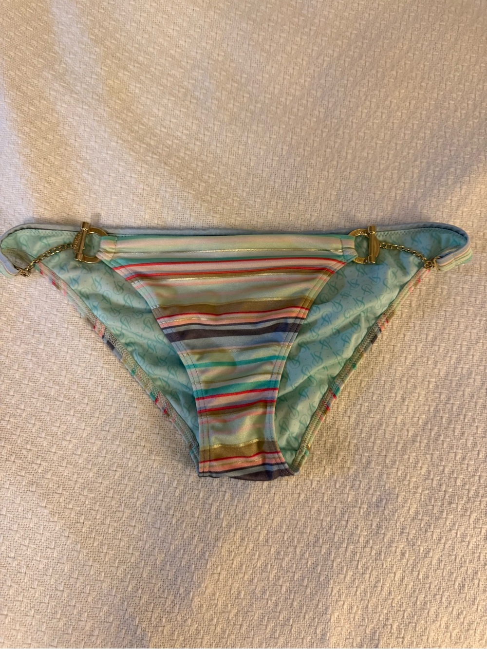 Victoria's Secret Pastel Multicolor Striped Bikini Bottom with Gold Ring
